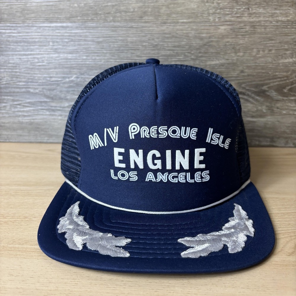 VINTAGE MV Presque Isle Engine Hat Cap Snap Back Mens Large Navy Trucker 80s